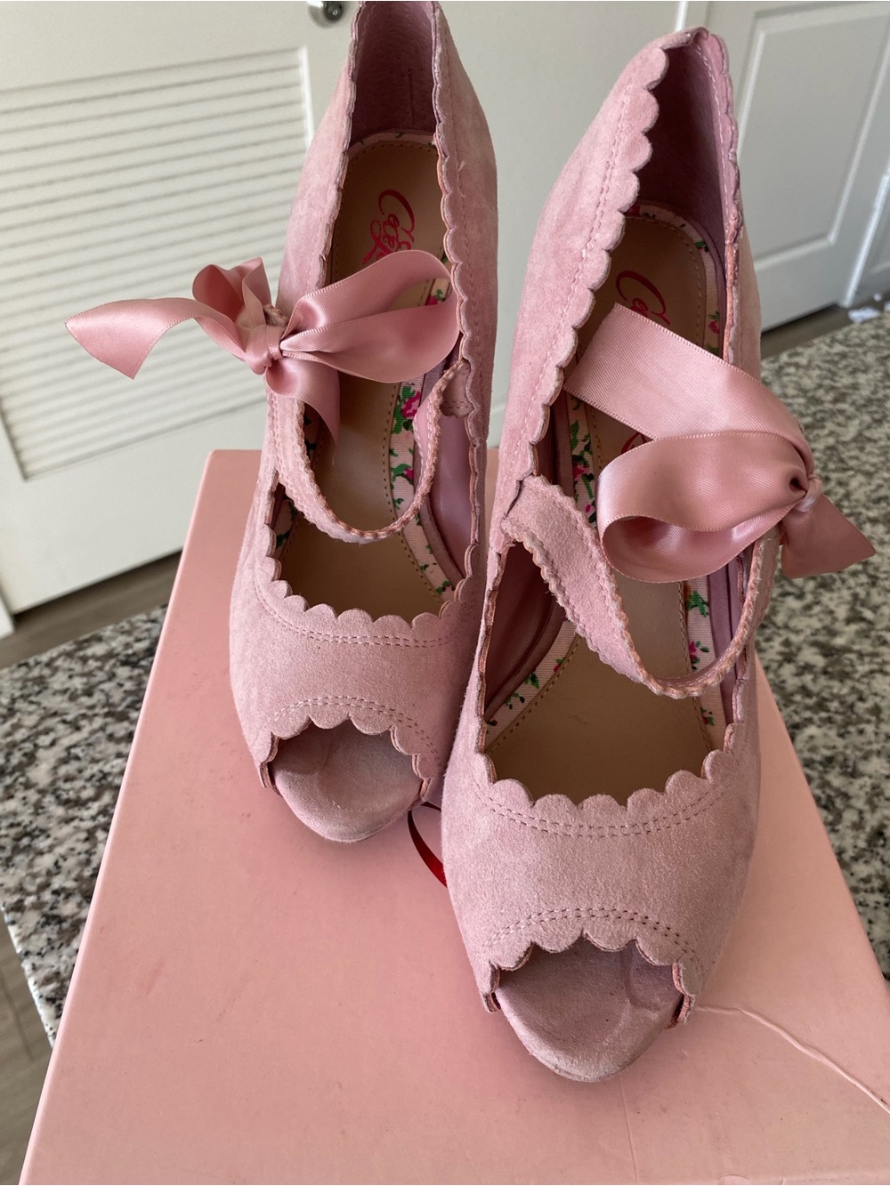 Pink Scalloped Peep-Toe Heels with Satin Ribbon Tie